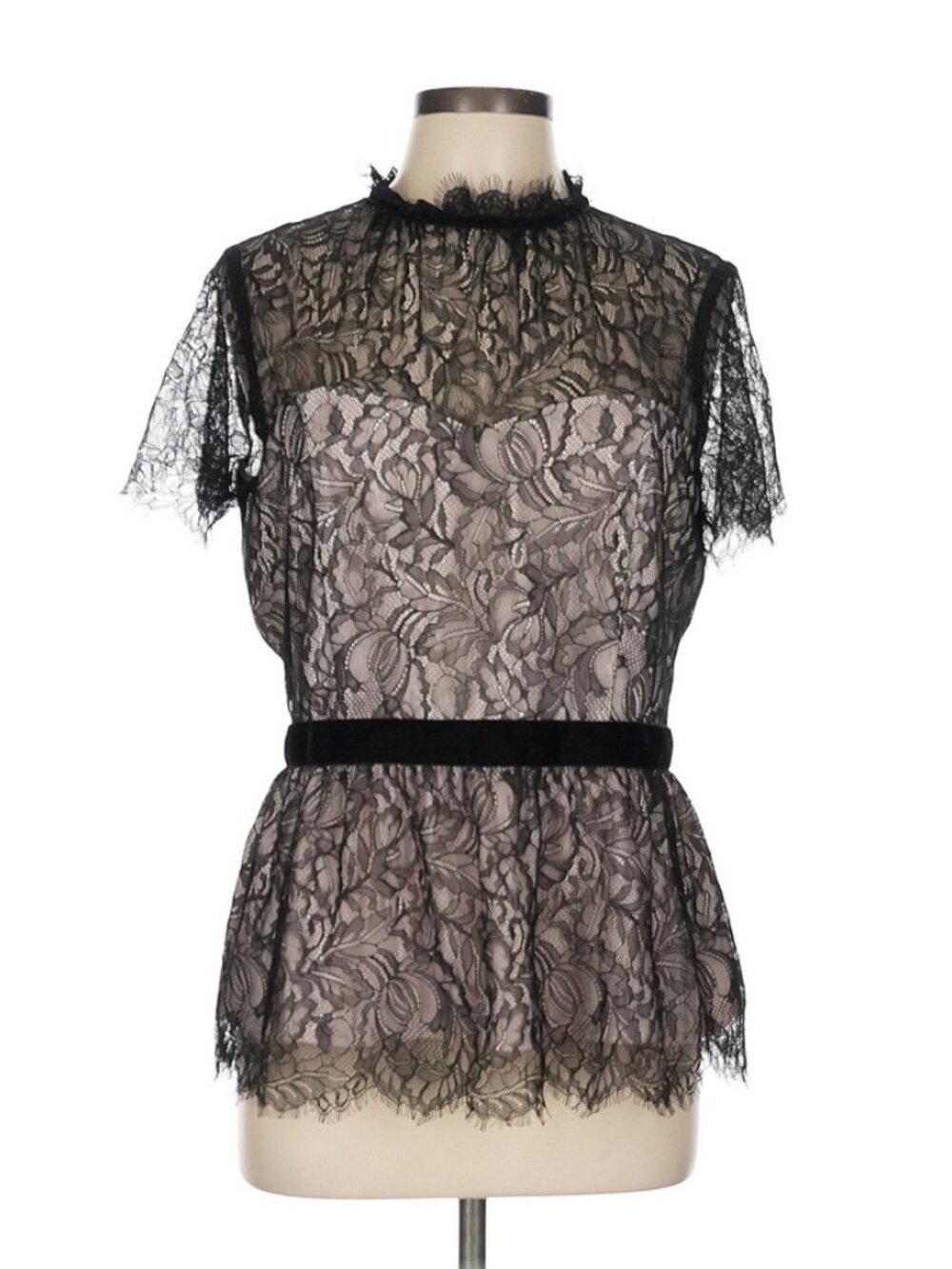 WHBM gorgeous short sleeve black/pink lace peplum top, size 12